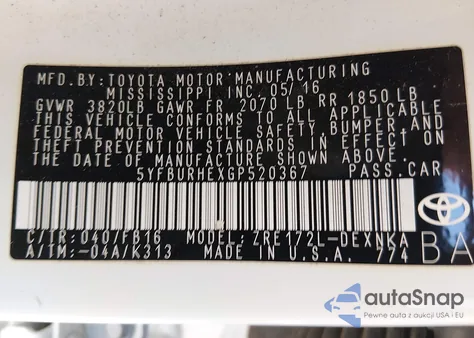 2016 Toyota Corolla Le from USA, damaged, VIN 5YFBURHEXGP520367